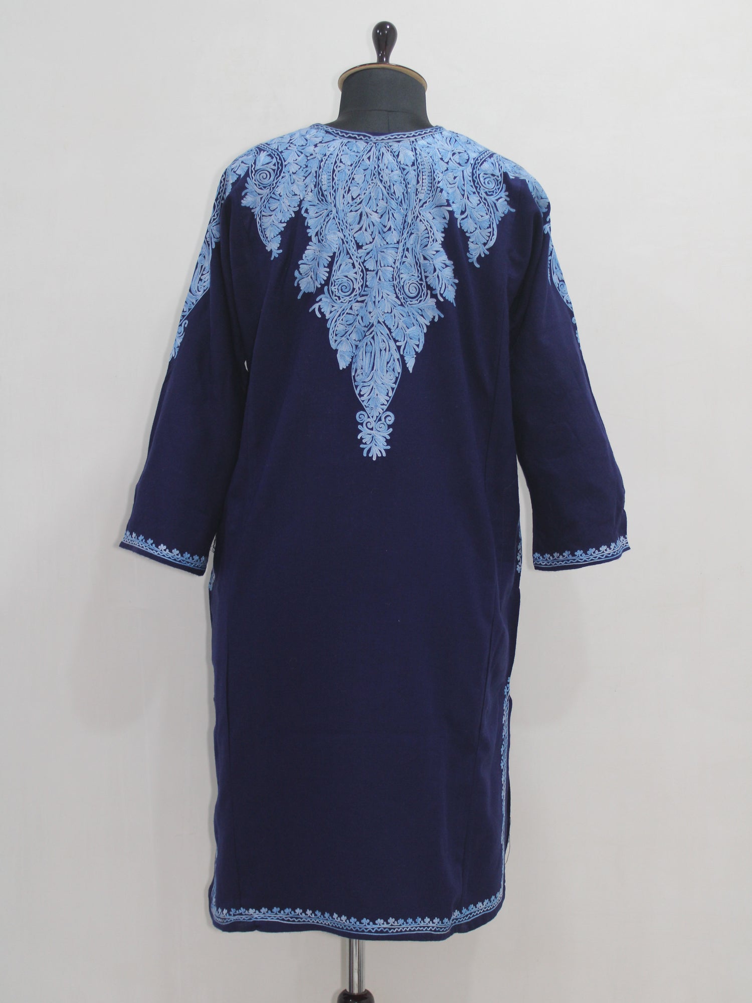 Kashmiri Aari Embroidered Woolen Pheran, Loose Fit Kurta for Women, Paisley Front Back Design