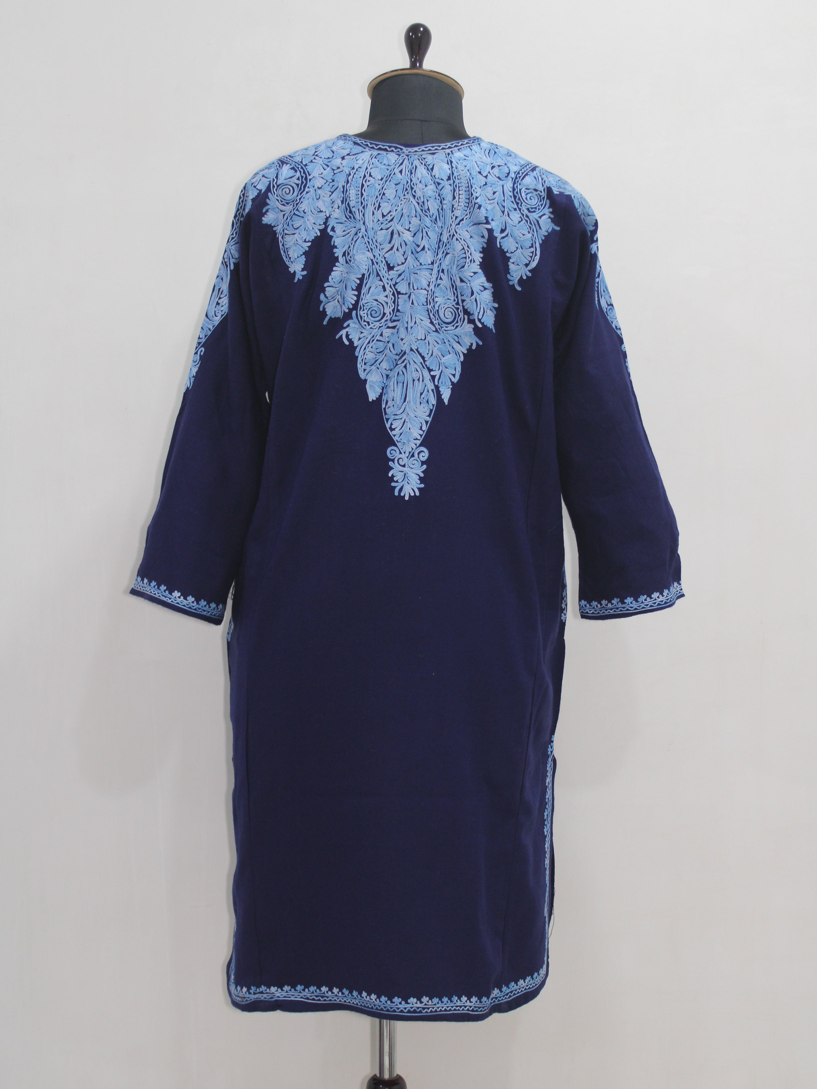 Kashmiri Aari Embroidered Woolen Pheran, Loose Fit Kurta for Women, Paisley Front Back Design