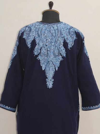 Kashmiri Aari Embroidered Woolen Pheran, Loose Fit Kurta for Women, Paisley Front Back Design