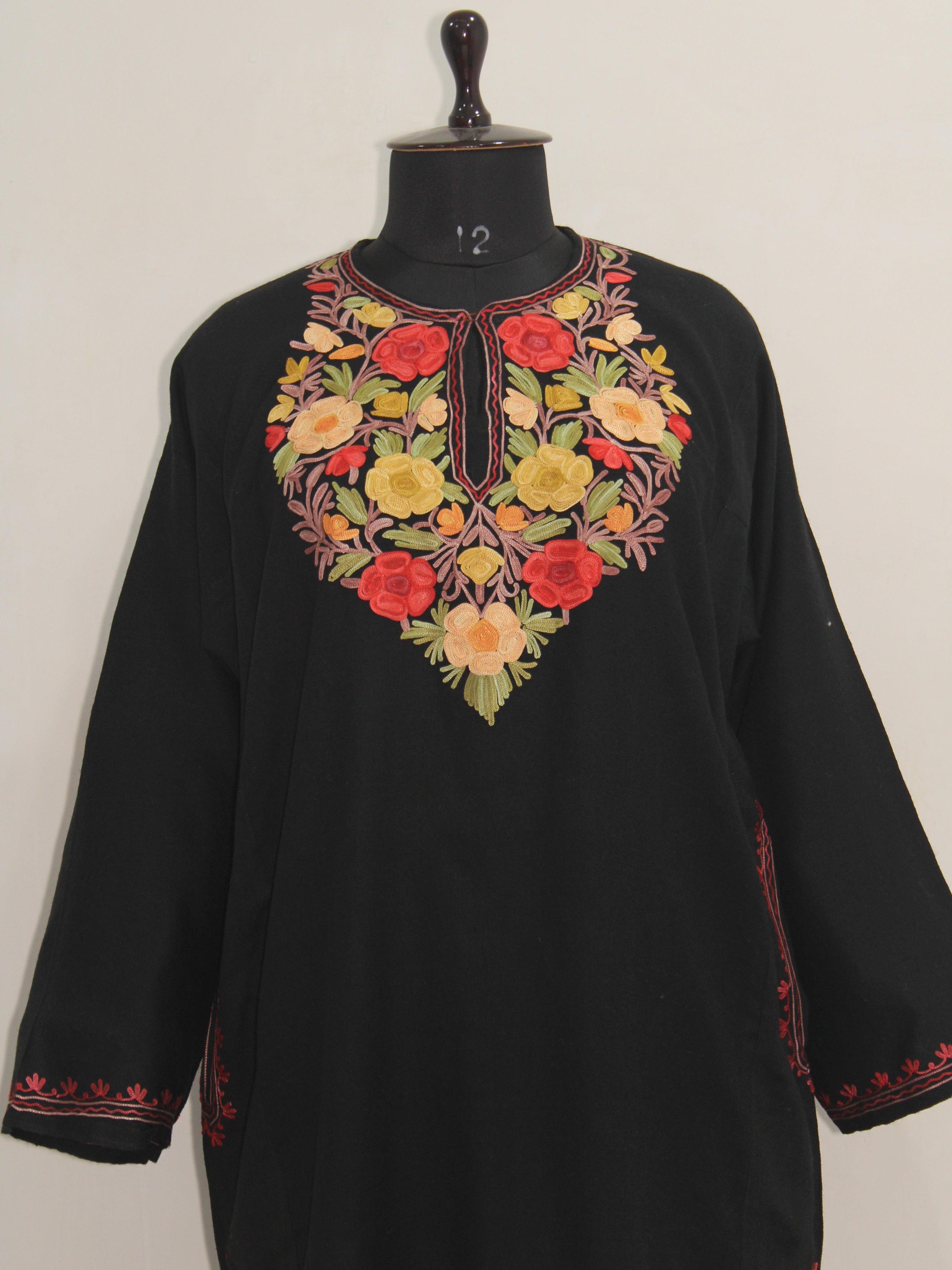 Kashmiri Pheran, Women Tunics, Indian Kurtis, Woolen Embroidered Pheran, Fine Merino Wool 42 Count (Raffal) Pheran