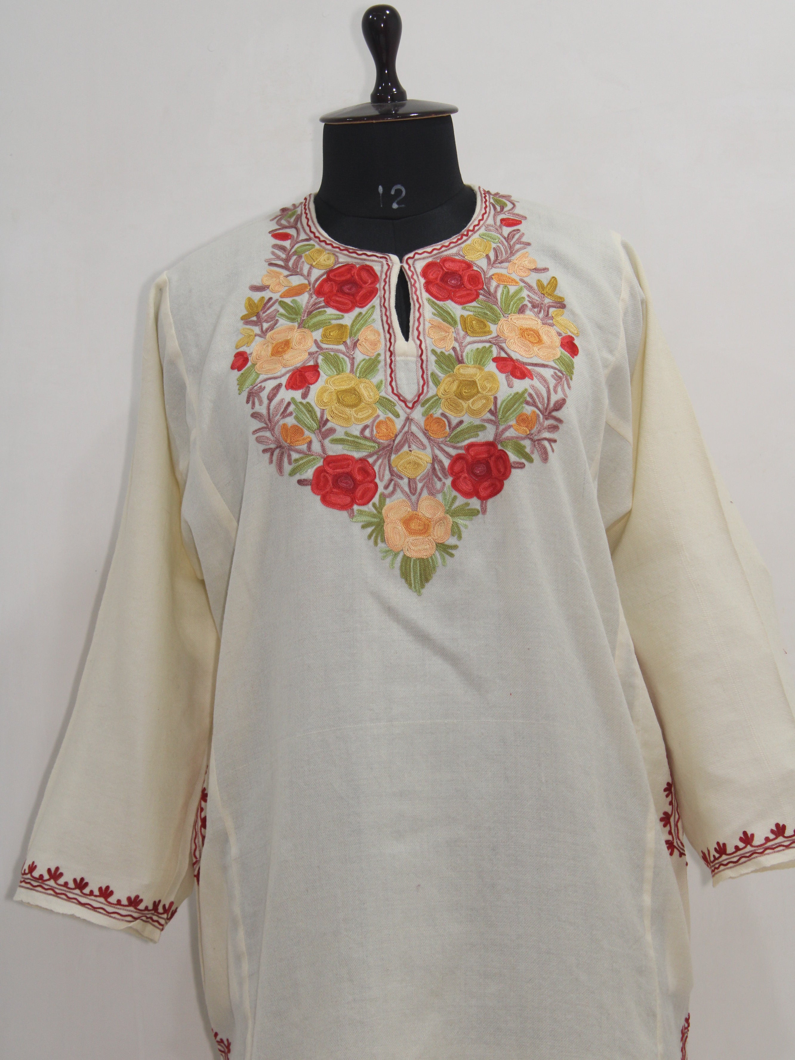 Kashmiri Pheran, Women Tunics, Indian Kurtis, Woolen Embroidered Pheran, Fine Merino Wool 42 Count (Raffal) Pheran