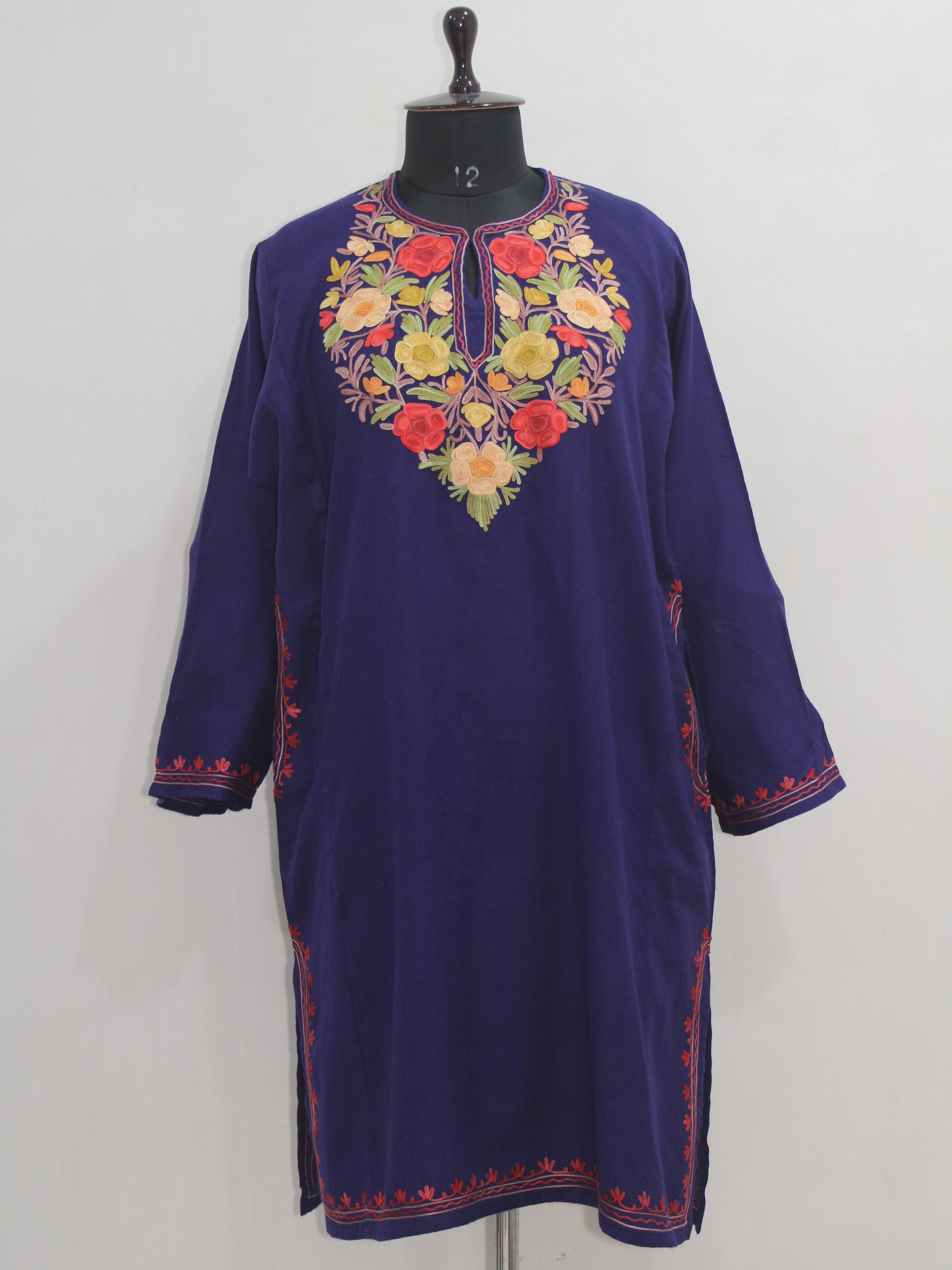 Kashmiri Pheran, Women Tunics, Indian Kurtis, Woolen Embroidered Pheran, Fine Merino Wool 42 Count (Raffal) Pheran
