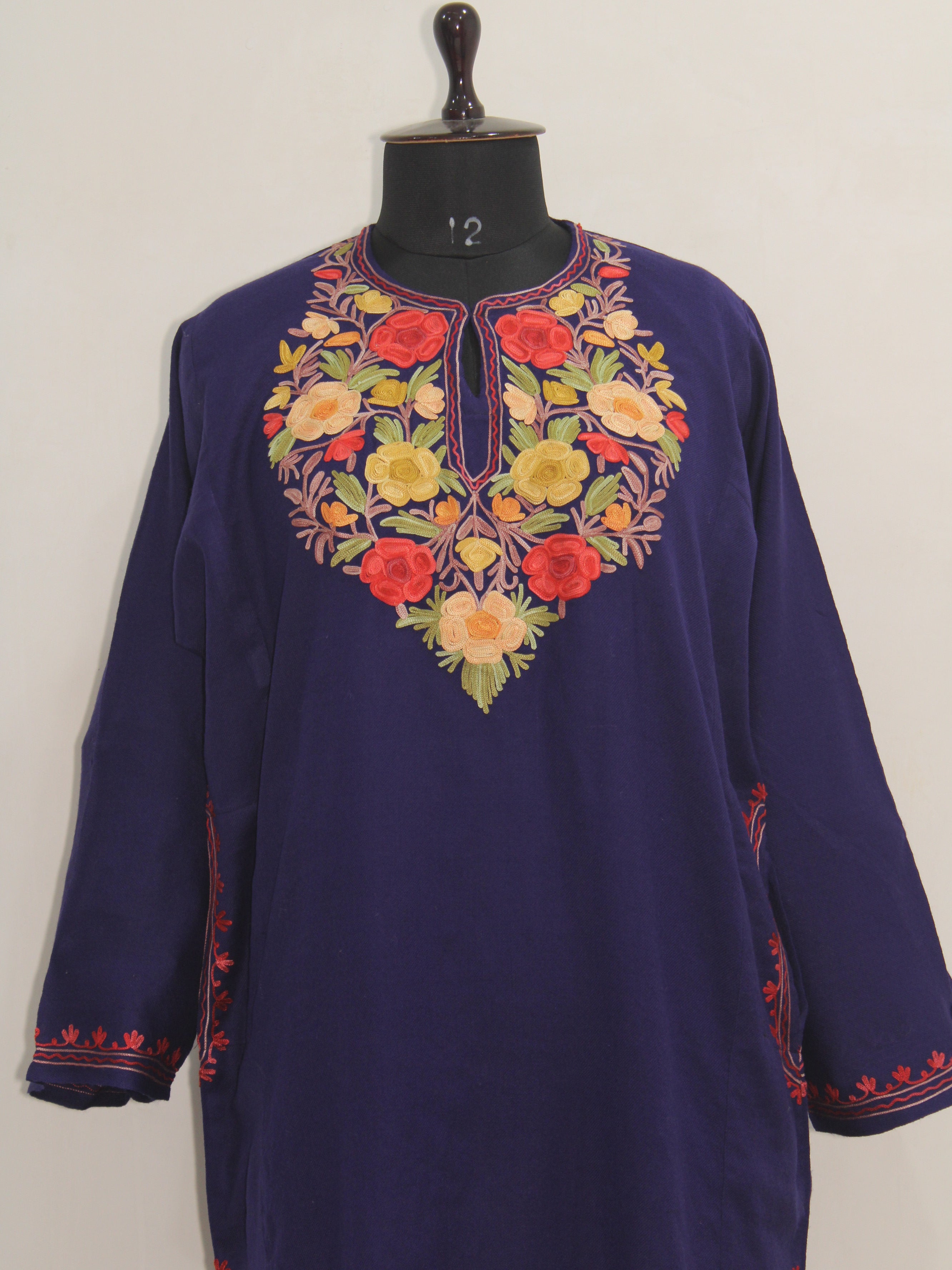 Kashmiri Pheran, Women Tunics, Indian Kurtis, Woolen Embroidered Pheran, Fine Merino Wool 42 Count (Raffal) Pheran