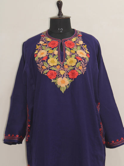 Kashmiri Pheran, Women Tunics, Indian Kurtis, Woolen Embroidered Pheran, Fine Merino Wool 42 Count (Raffal) Pheran