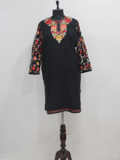 Kashmiri Pheran, Floral Embroidered Woolen Pheran, Women Tunics, Indian Kurtis, Fine Merino Wool 42 Count (Raffal) Poshkar Naaldhar/jaaldhar Pheran