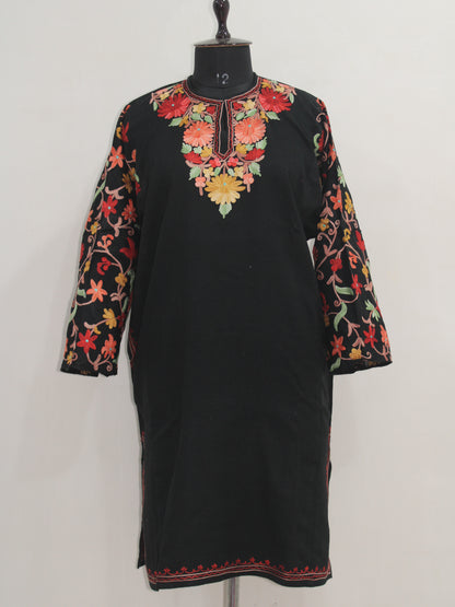 Kashmiri Pheran, Floral Embroidered Woolen Pheran, Women Tunics, Indian Kurtis, Fine Merino Wool 42 Count (Raffal) Poshkar Naaldhar/jaaldhar Pheran