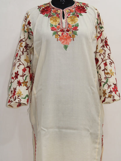 Kashmiri Pheran, Floral Embroidered Woolen Pheran, Women Tunics, Indian Kurtis, Fine Merino Wool 42 Count (Raffal) Poshkar Naaldhar/jaaldhar Pheran