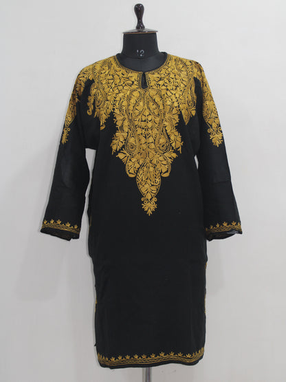 Kashmiri Aari Embroidered Woolen Pheran, Loose Fit Kurta for Women, Paisley Front Back Design