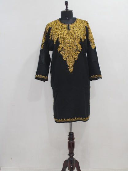 Kashmiri Aari Embroidered Woolen Pheran, Loose Fit Kurta for Women, Paisley Front Back Design