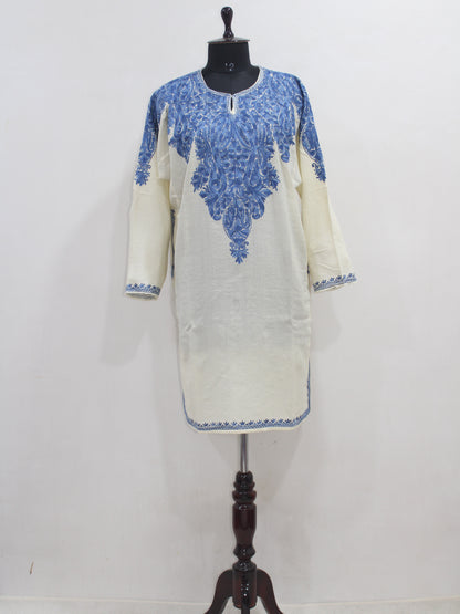 Kashmiri Aari Embroidered Woolen Pheran, Loose Fit Kurta for Women, Paisley Front Back Design