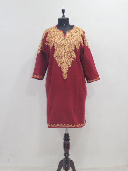 Kashmiri Aari Embroidered Woolen Pheran, Loose Fit Kurta for Women, Paisley Front Back Design