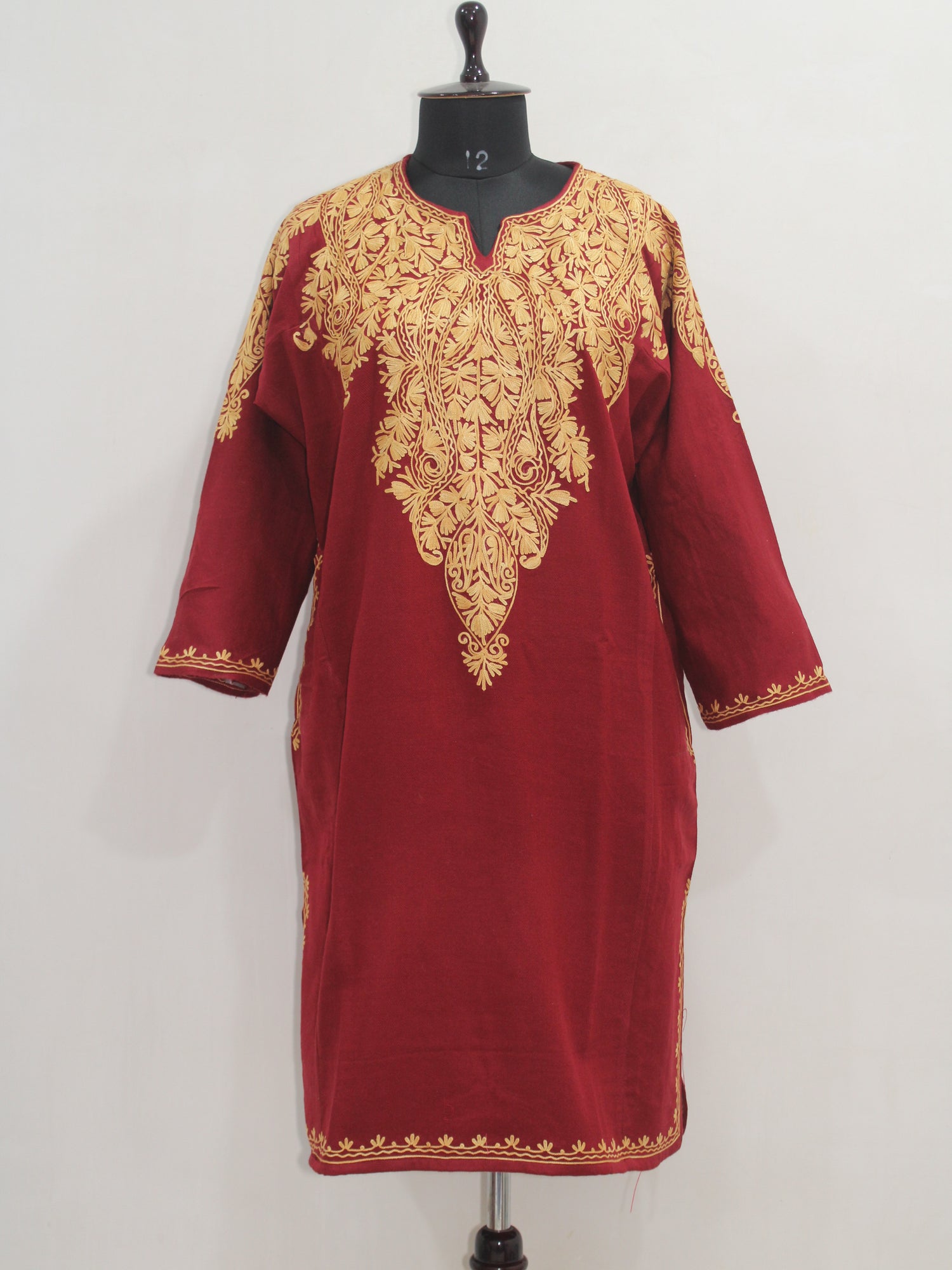 Kashmiri Aari Embroidered Woolen Pheran, Loose Fit Kurta for Women, Paisley Front Back Design