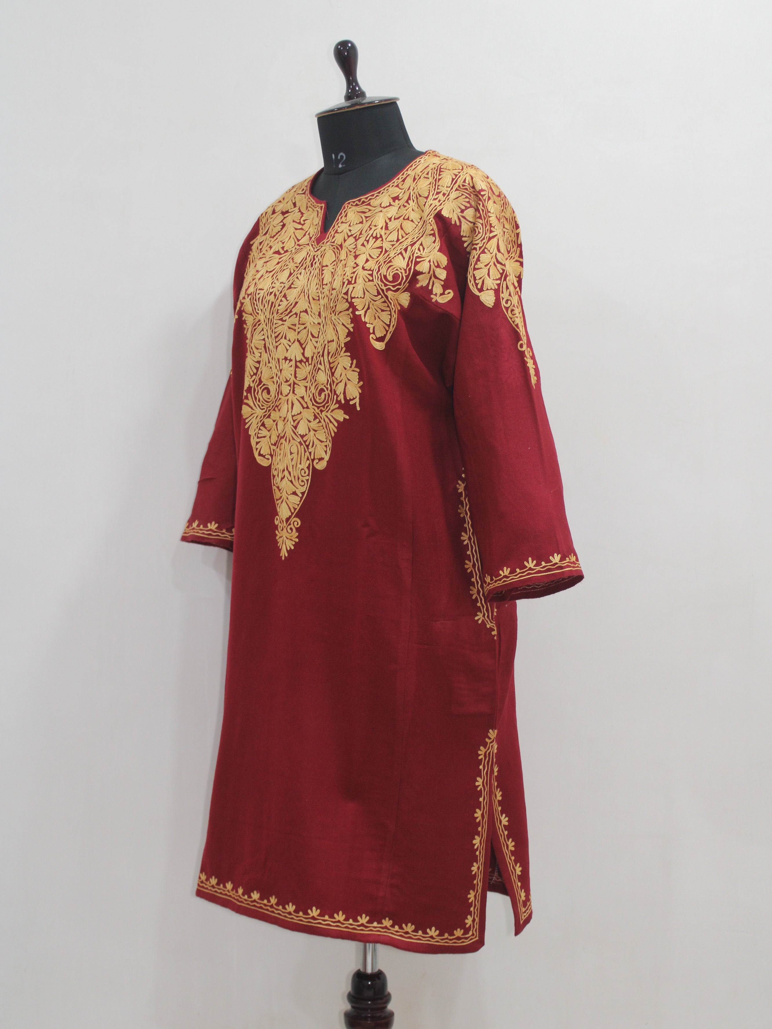 Kashmiri Aari Embroidered Woolen Pheran, Loose Fit Kurta for Women, Paisley Front Back Design