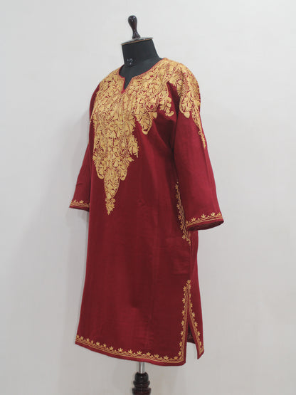 Kashmiri Aari Embroidered Woolen Pheran, Loose Fit Kurta for Women, Paisley Front Back Design