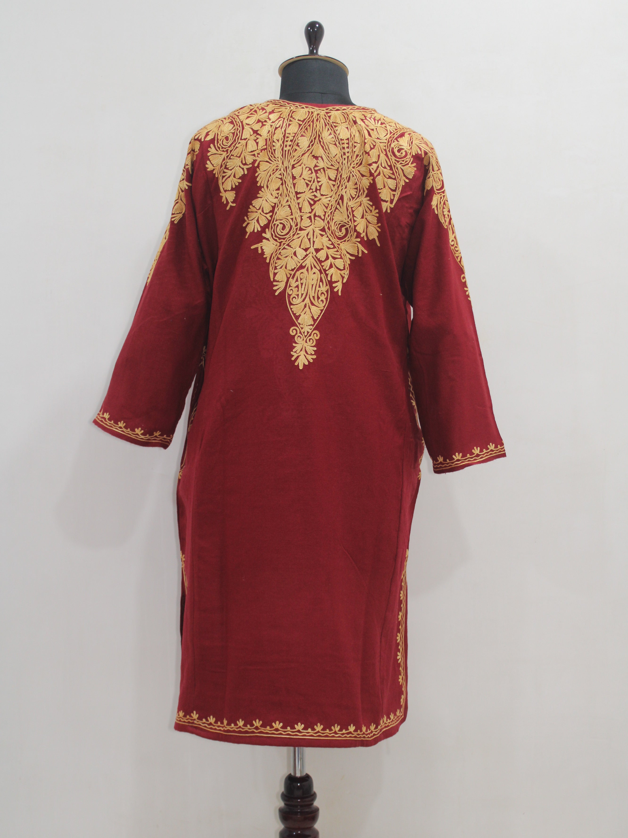 Kashmiri Aari Embroidered Woolen Pheran, Loose Fit Kurta for Women, Paisley Front Back Design