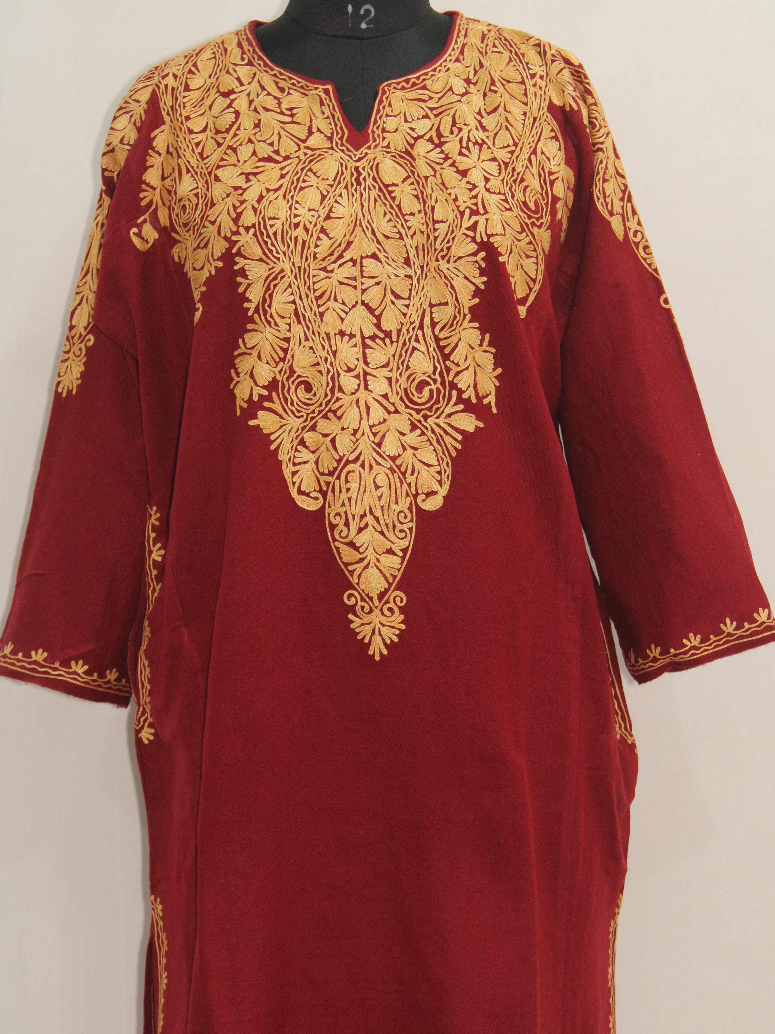 Kashmiri Aari Embroidered Woolen Pheran, Loose Fit Kurta for Women, Paisley Front Back Design