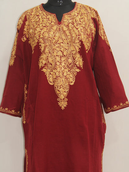 Kashmiri Aari Embroidered Woolen Pheran, Loose Fit Kurta for Women, Paisley Front Back Design