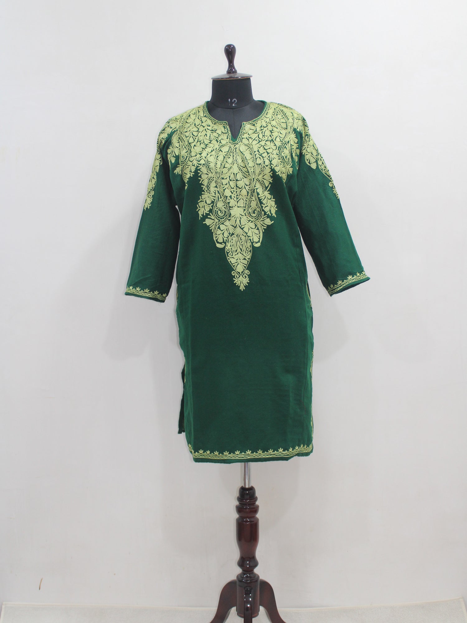 Kashmiri Aari Embroidered Woolen Pheran, Loose Fit Kurta for Women, Paisley Front Back Design