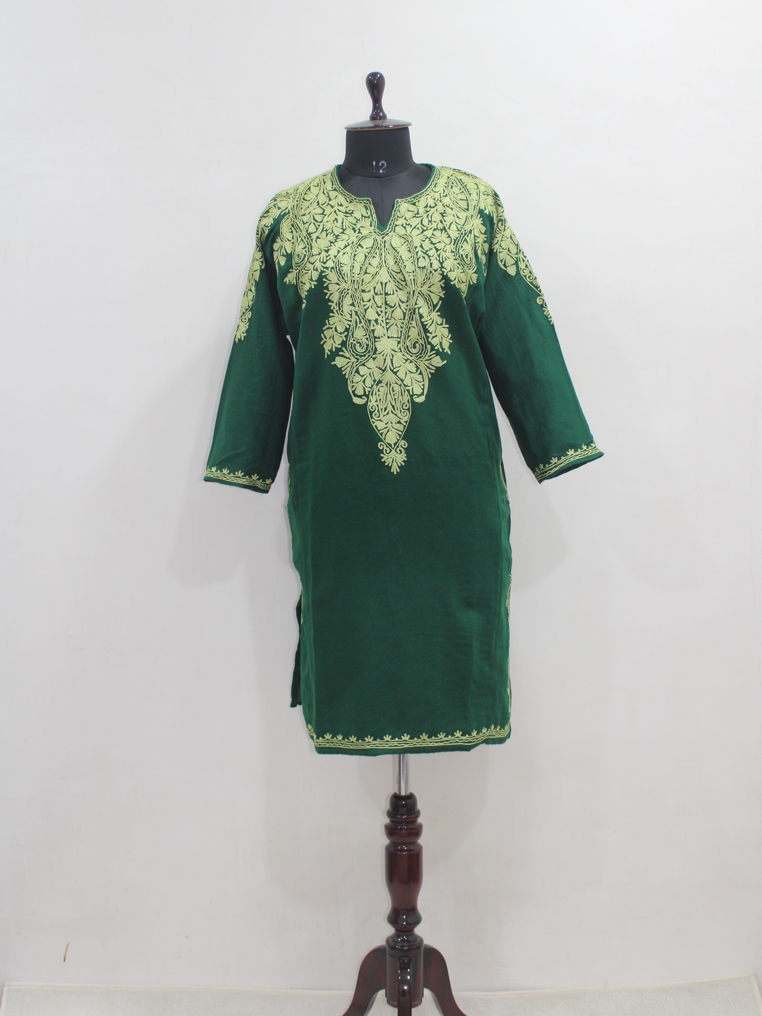 Kashmiri Aari Embroidered Woolen Pheran, Loose Fit Kurta for Women, Paisley Front Back Design
