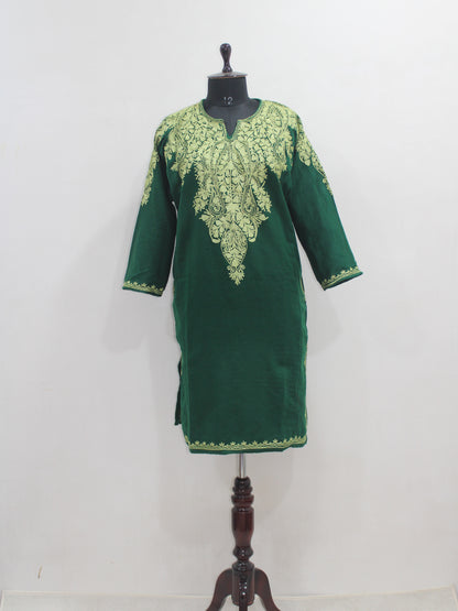 Kashmiri Aari Embroidered Woolen Pheran, Loose Fit Kurta for Women, Paisley Front Back Design