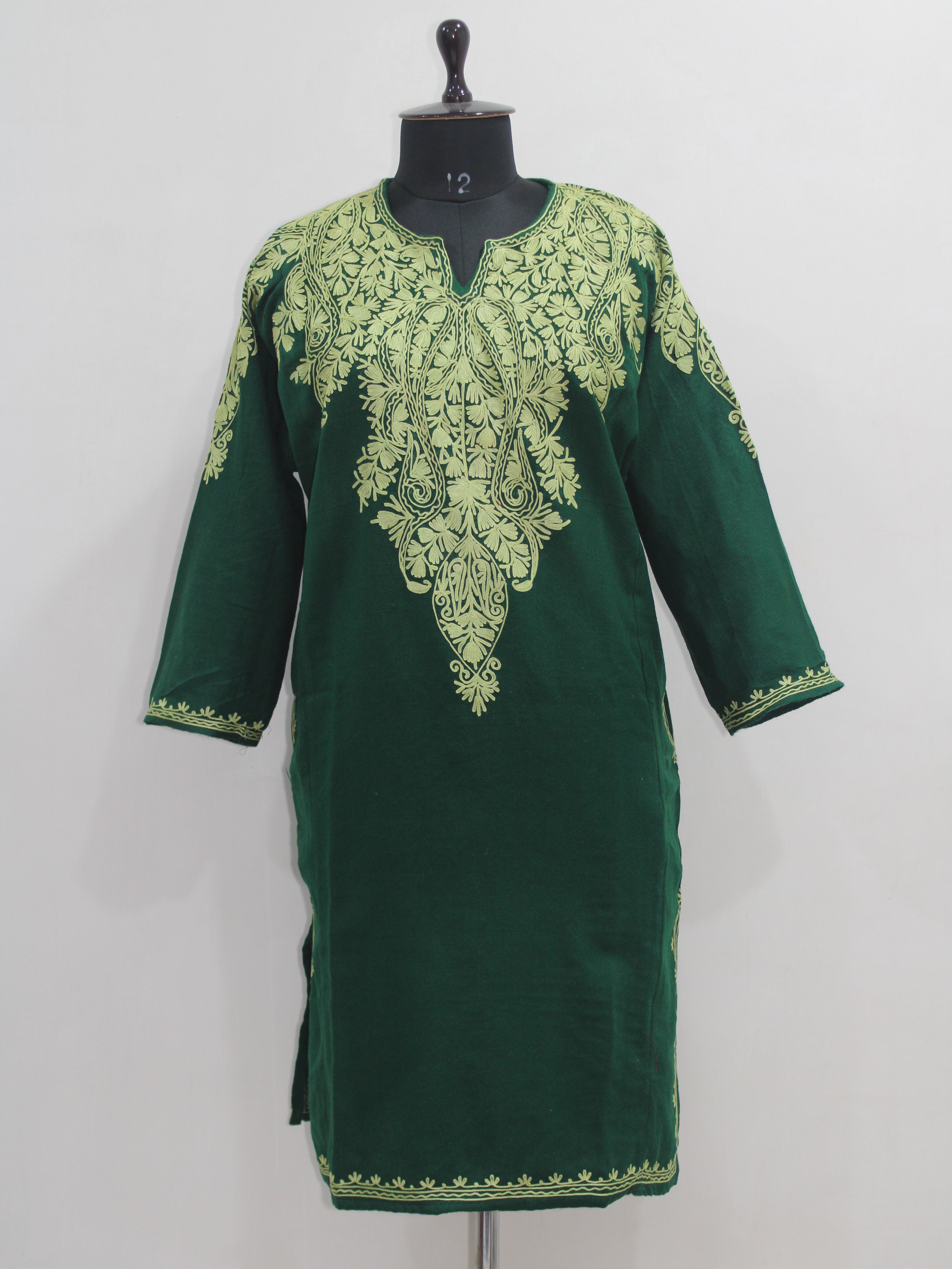 Kashmiri Aari Embroidered Woolen Pheran, Loose Fit Kurta for Women, Paisley Front Back Design