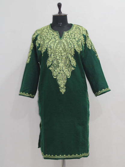 Kashmiri Aari Embroidered Woolen Pheran, Loose Fit Kurta for Women, Paisley Front Back Design