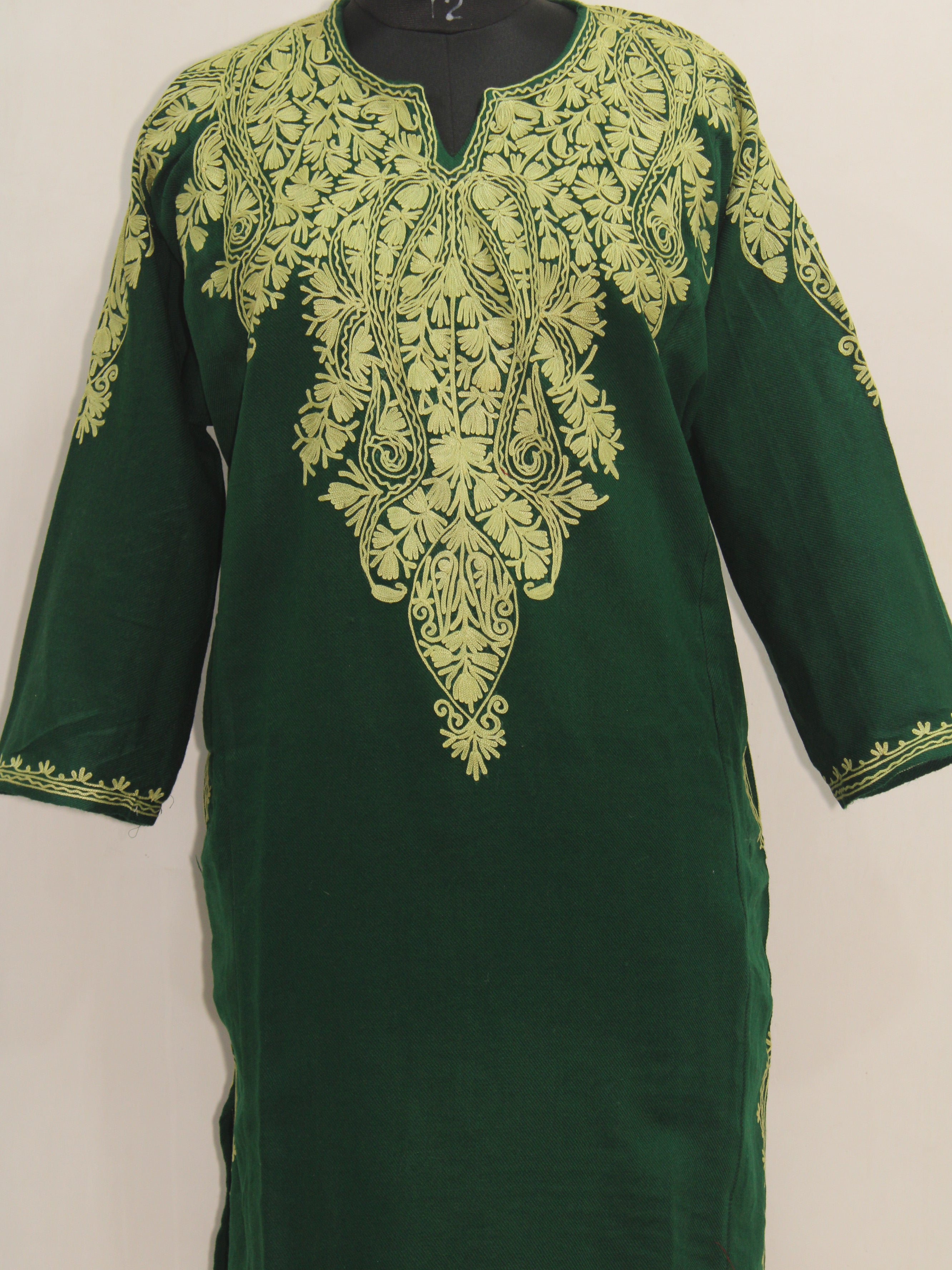 Kashmiri Aari Embroidered Woolen Pheran, Loose Fit Kurta for Women, Paisley Front Back Design