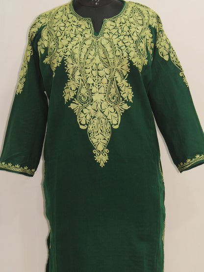 Kashmiri Aari Embroidered Woolen Pheran, Loose Fit Kurta for Women, Paisley Front Back Design