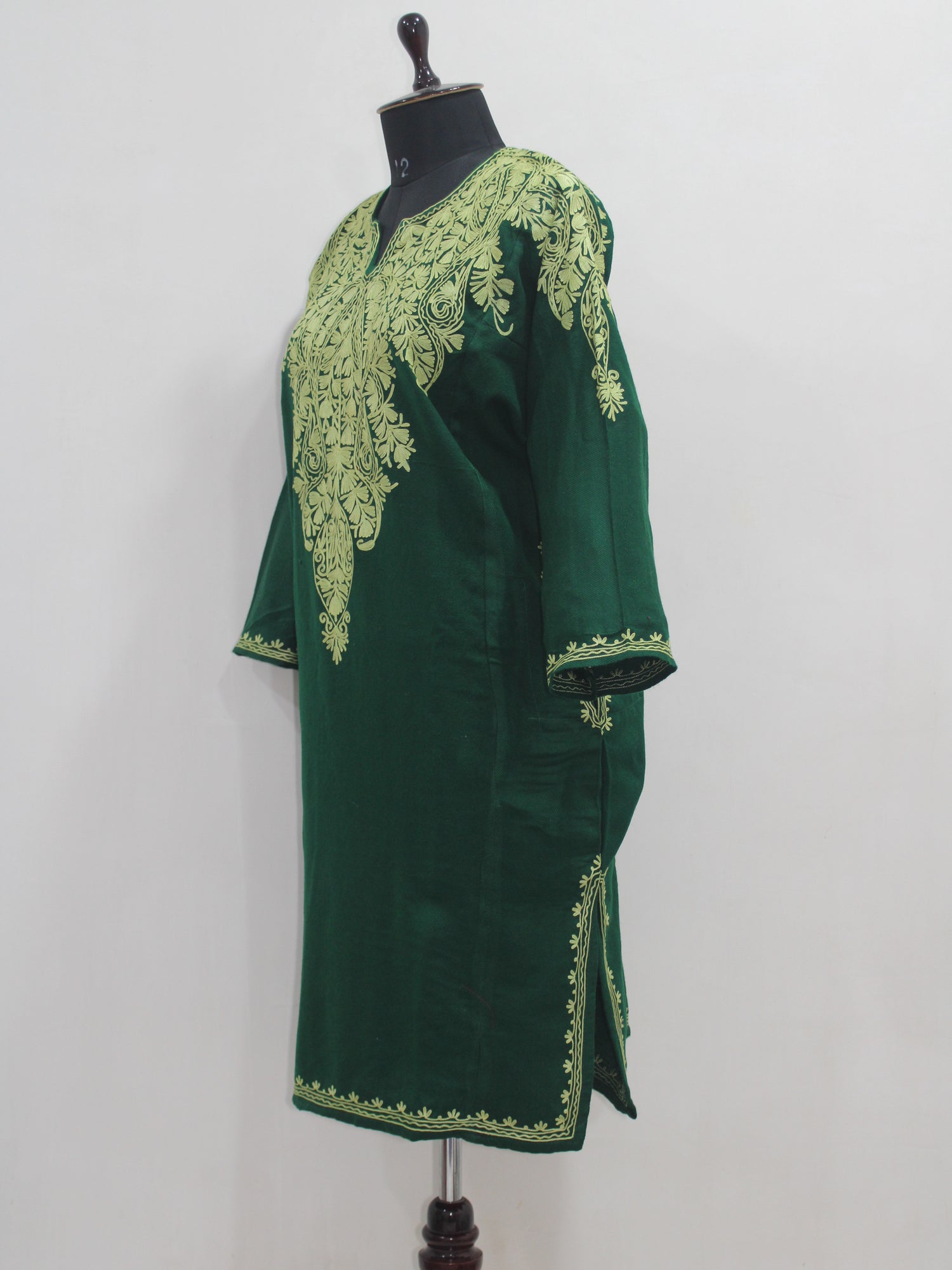 Kashmiri Aari Embroidered Woolen Pheran, Loose Fit Kurta for Women, Paisley Front Back Design