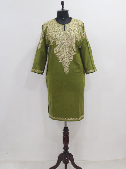 Kashmiri Aari Embroidered Woolen Pheran, Loose Fit Kurta for Women, Paisley Front Back Design