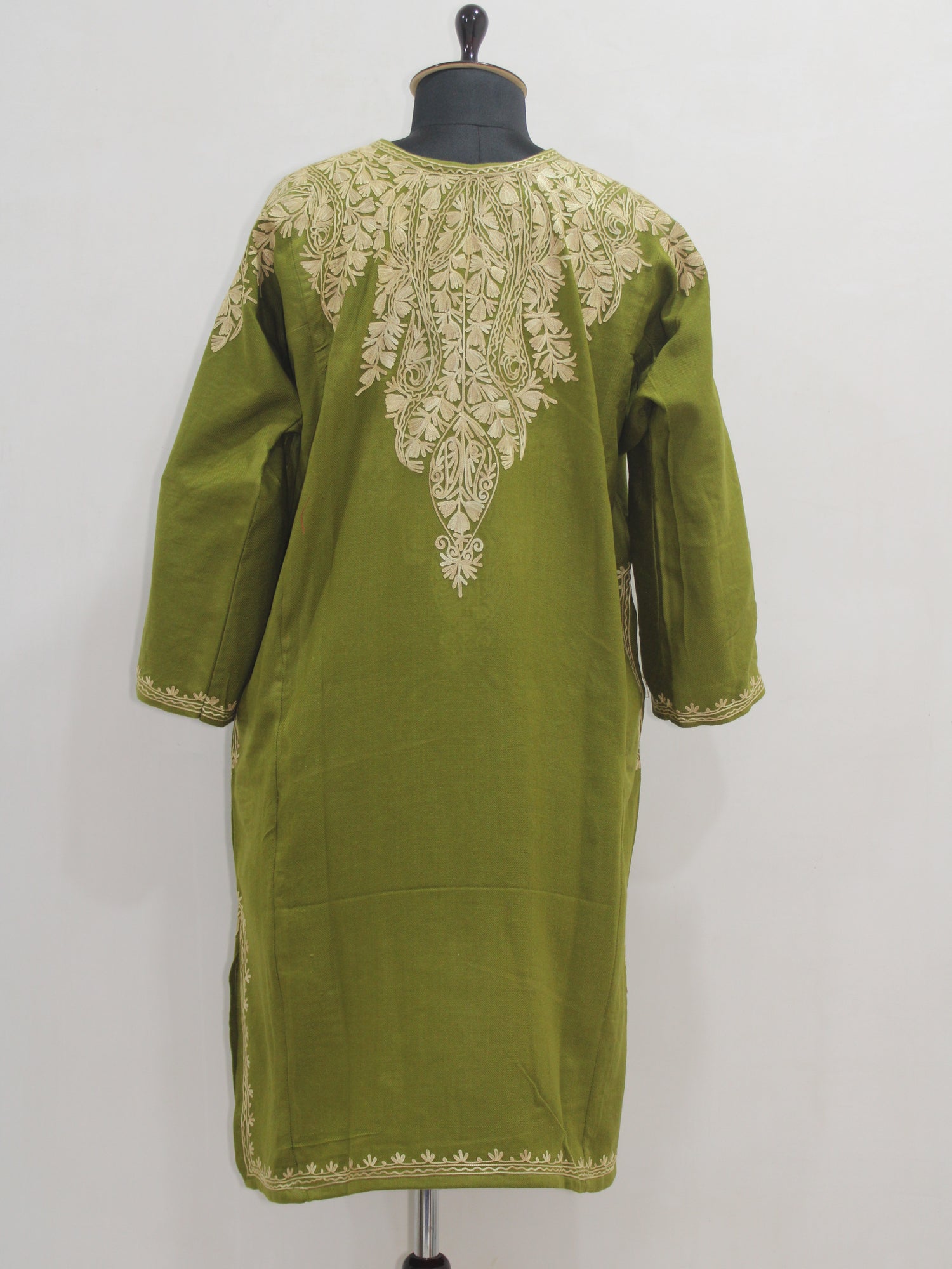Kashmiri Aari Embroidered Woolen Pheran, Loose Fit Kurta for Women, Paisley Front Back Design
