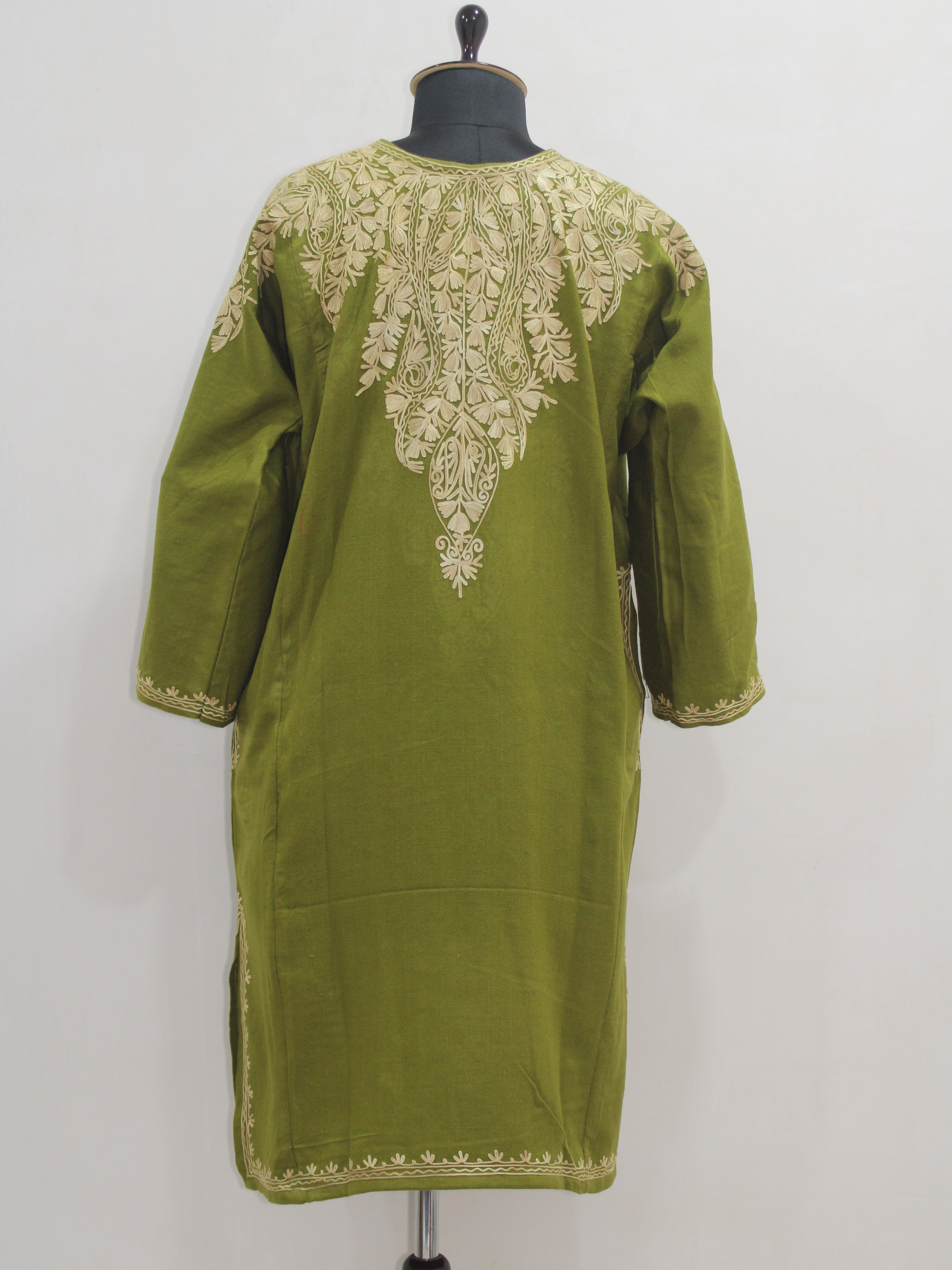 Kashmiri Aari Embroidered Woolen Pheran, Loose Fit Kurta for Women, Paisley Front Back Design