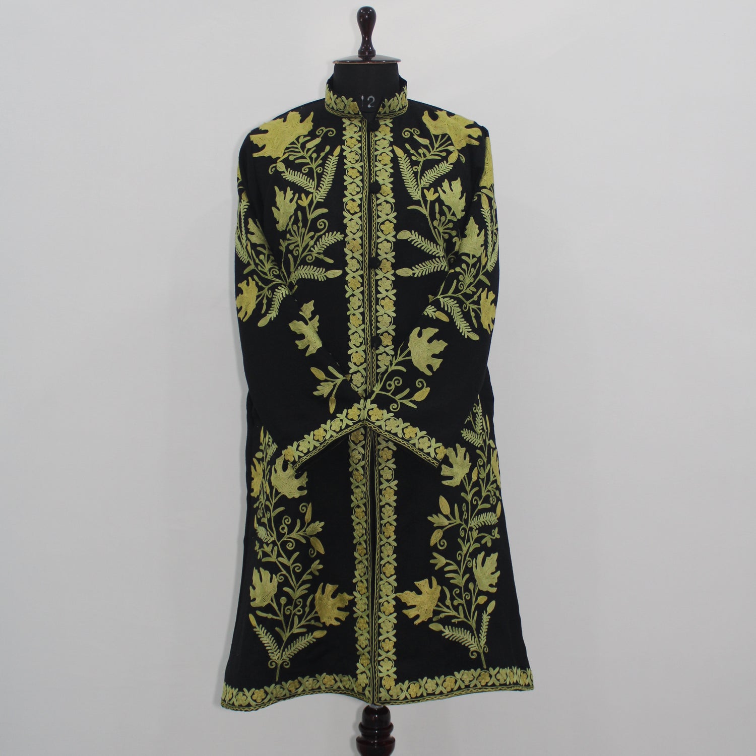 Handmade Aari Embroidered Wool Kashmiri Jacket, Long Floral Coat For Women