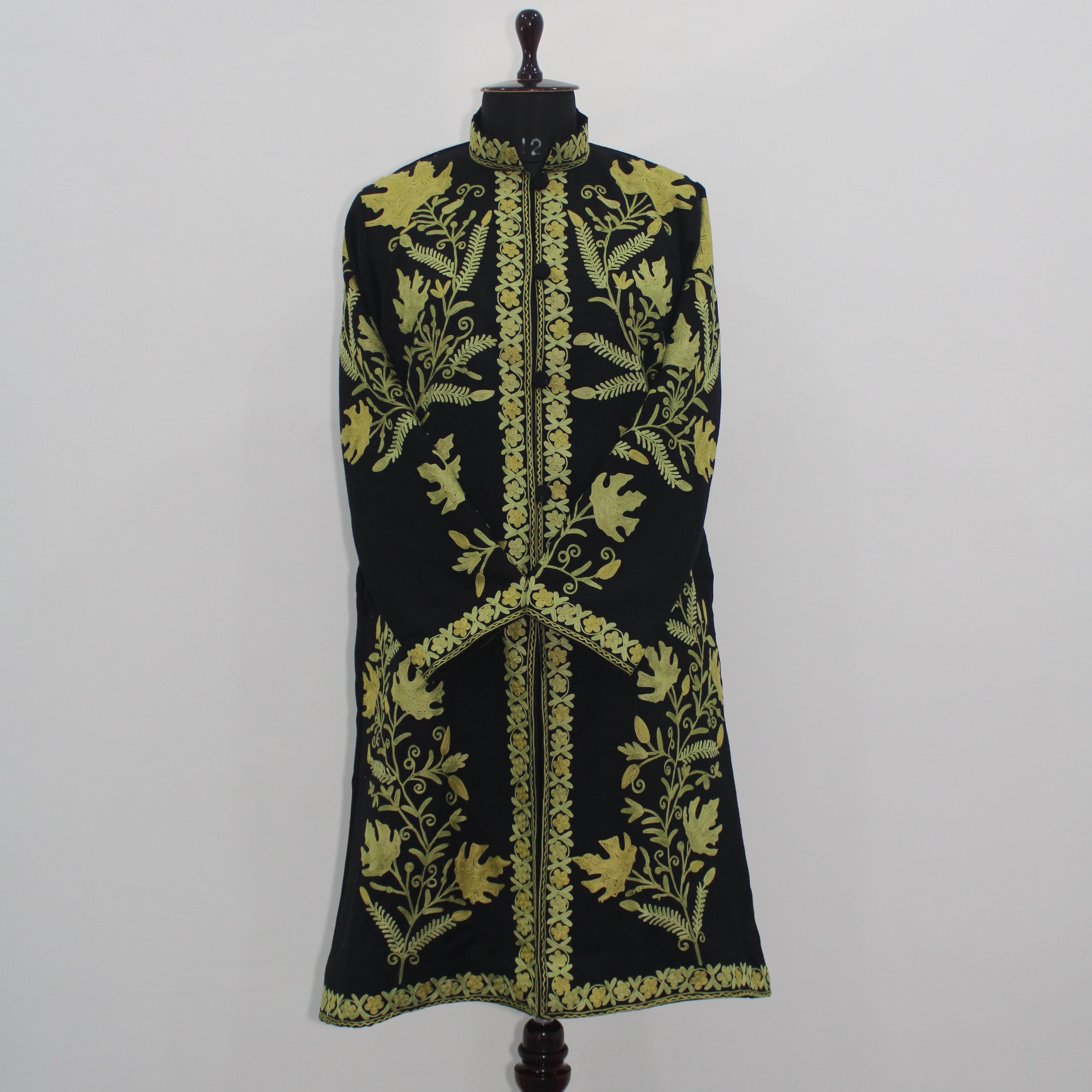 Handmade Aari Embroidered Wool Kashmiri Jacket, Long Floral Coat For Women