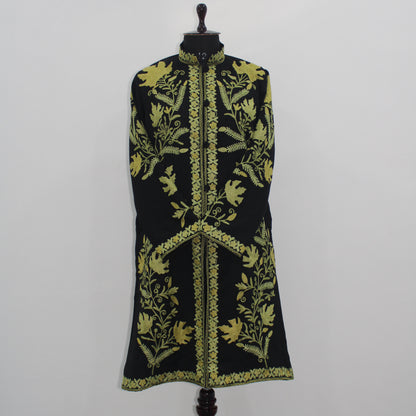 Handmade Aari Embroidered Wool Kashmiri Jacket, Long Floral Coat For Women
