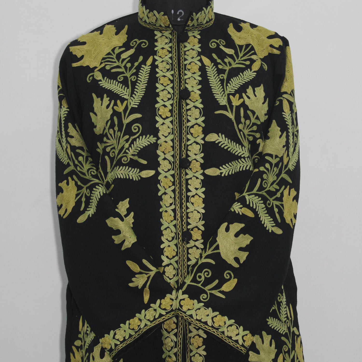 Handmade Aari Embroidered Wool Kashmiri Jacket, Long Floral Coat For Women