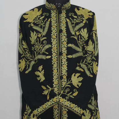Handmade Aari Embroidered Wool Kashmiri Jacket, Long Floral Coat For Women