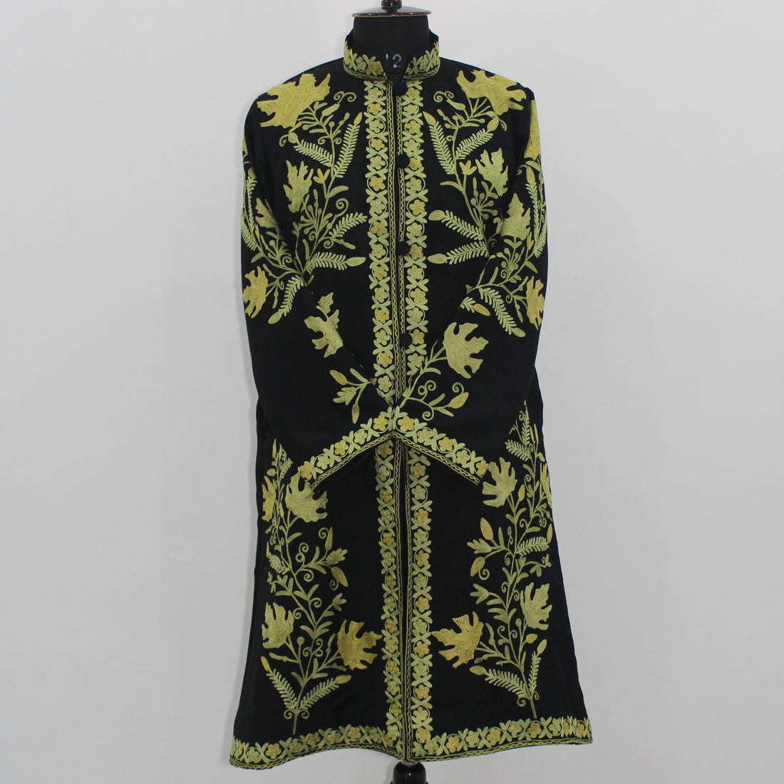 Handmade Aari Embroidered Wool Kashmiri Jacket, Long Floral Coat For Women