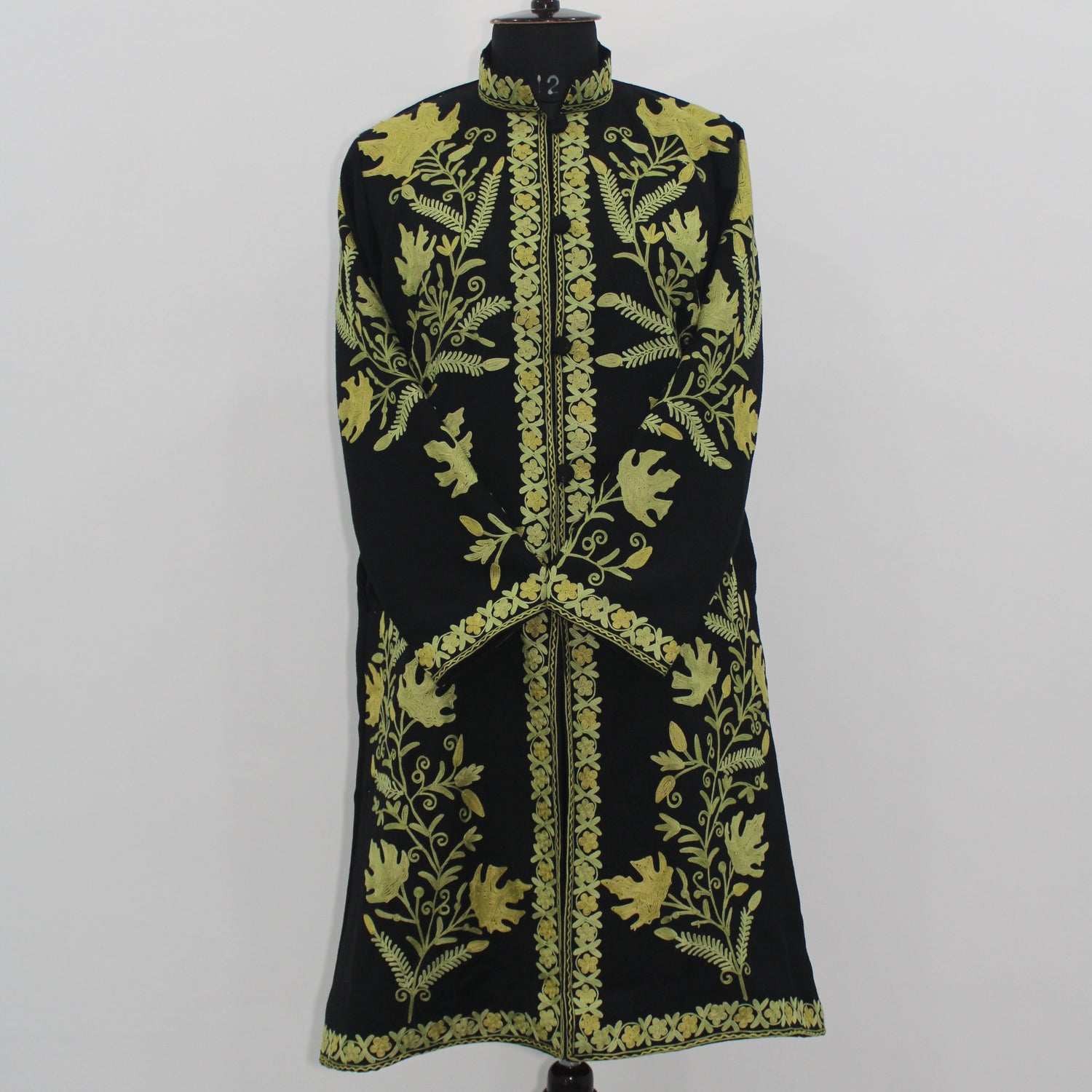 Handmade Aari Embroidered Wool Kashmiri Jacket, Long Floral Coat For Women