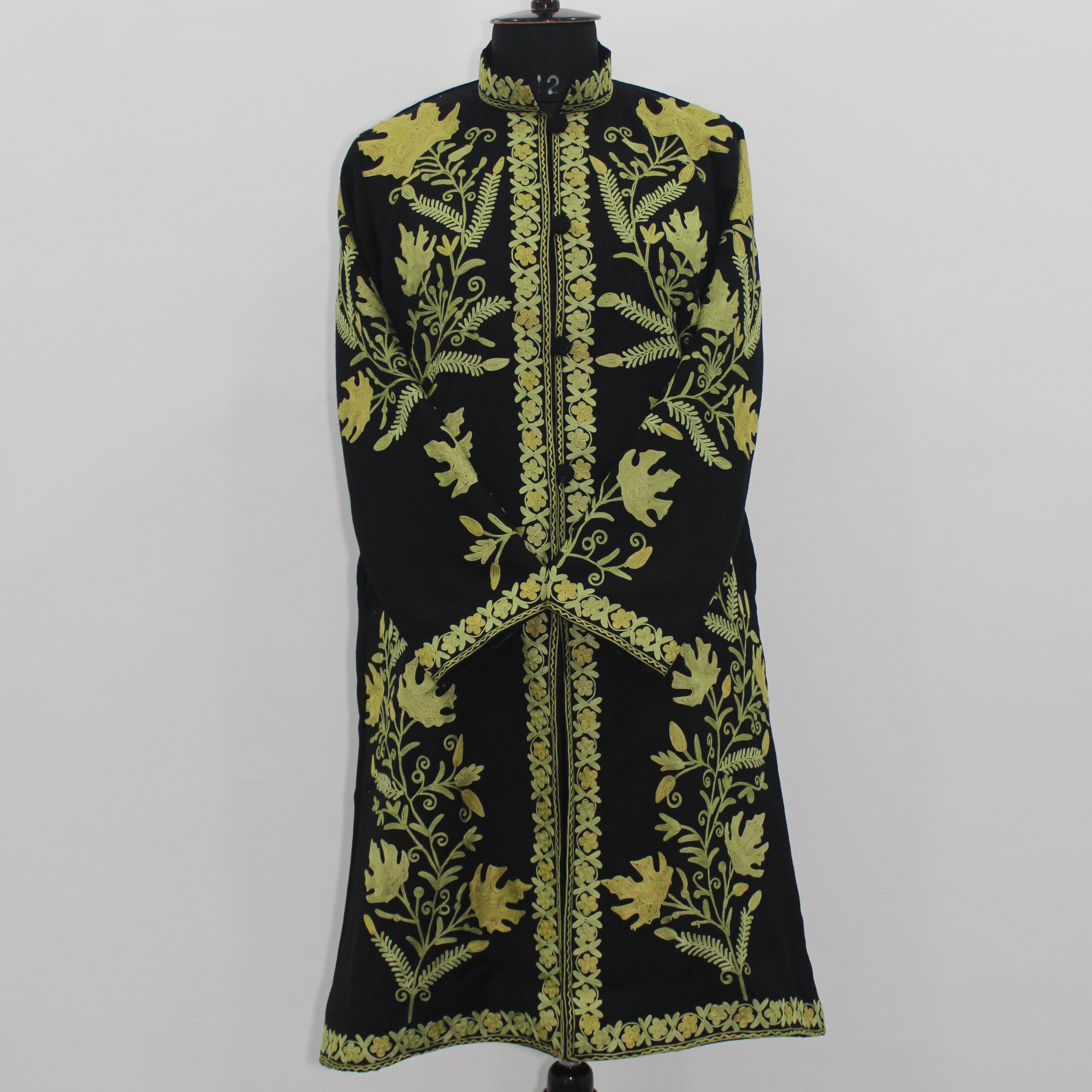 Handmade Aari Embroidered Wool Kashmiri Jacket, Long Floral Coat For Women