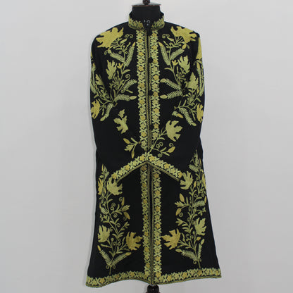 Handmade Aari Embroidered Wool Kashmiri Jacket, Long Floral Coat For Women