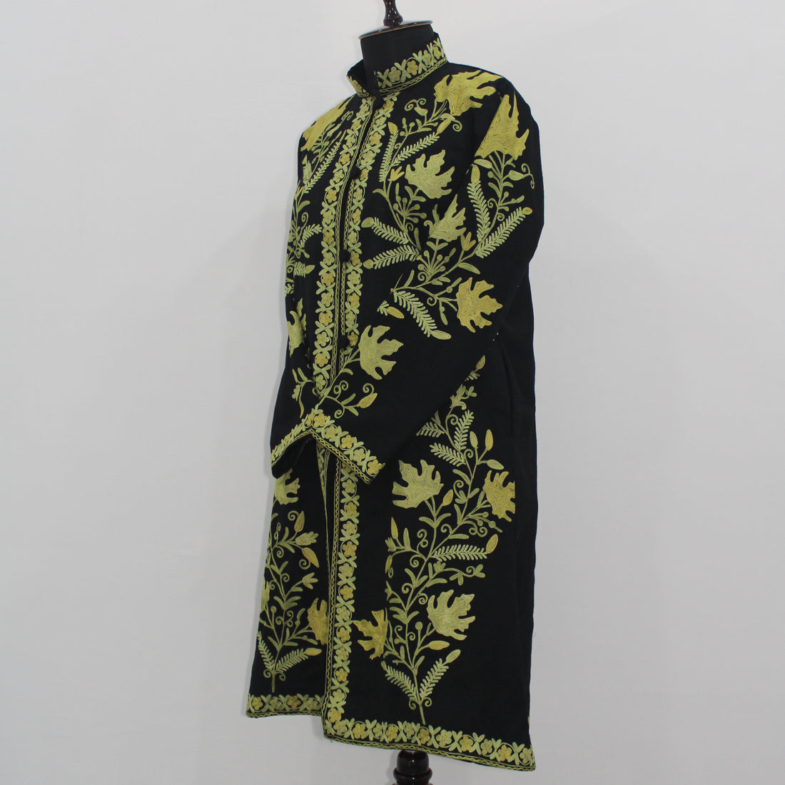 Handmade Aari Embroidered Wool Kashmiri Jacket, Long Floral Coat For Women
