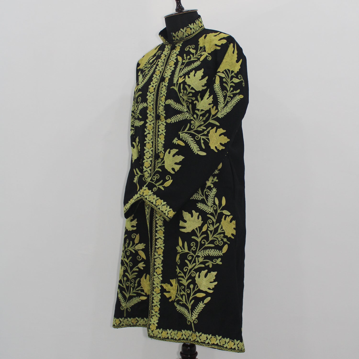 Handmade Aari Embroidered Wool Kashmiri Jacket, Long Floral Coat For Women