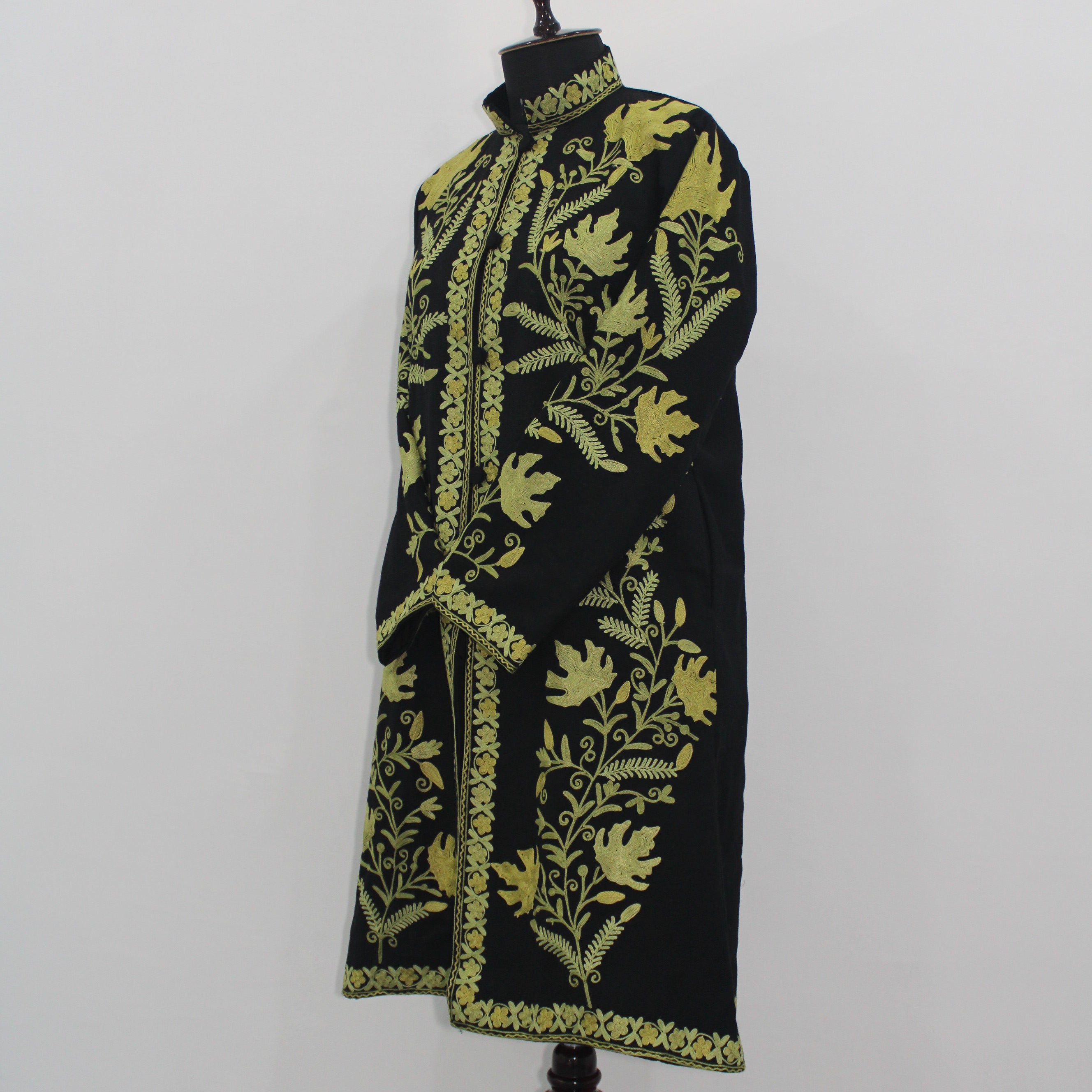 Handmade Aari Embroidered Wool Kashmiri Jacket, Long Floral Coat For Women