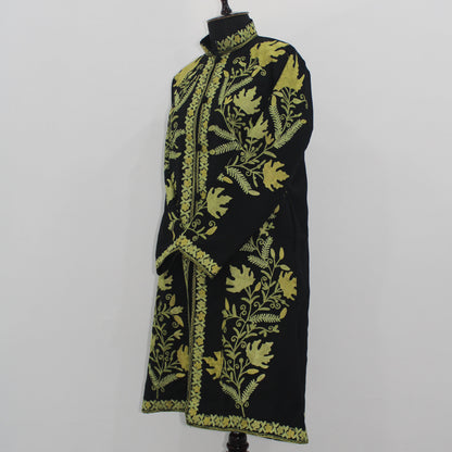 Handmade Aari Embroidered Wool Kashmiri Jacket, Long Floral Coat For Women