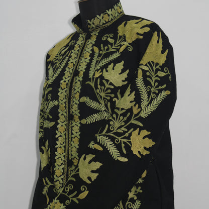 Handmade Aari Embroidered Wool Kashmiri Jacket, Long Floral Coat For Women