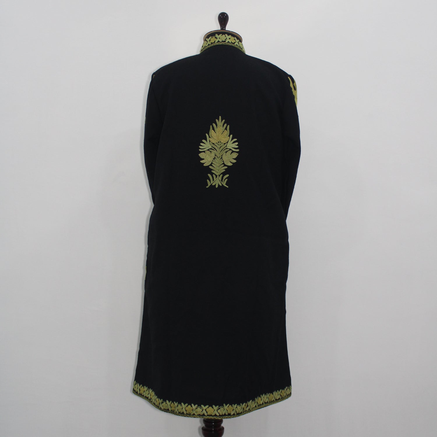 Handmade Aari Embroidered Wool Kashmiri Jacket, Long Floral Coat For Women