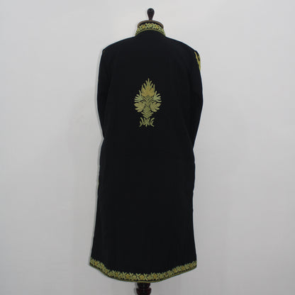 Handmade Aari Embroidered Wool Kashmiri Jacket, Long Floral Coat For Women