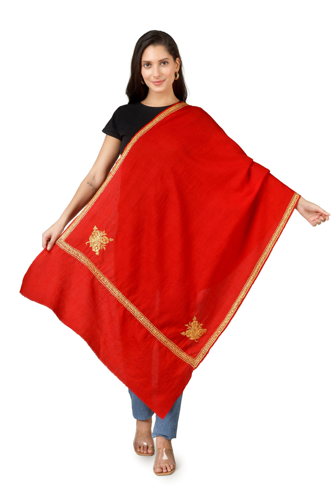 Gold Tilla Hand Embroidered Indian Purewool Stole, Kashmiri Handmade Red Scarf BATIN