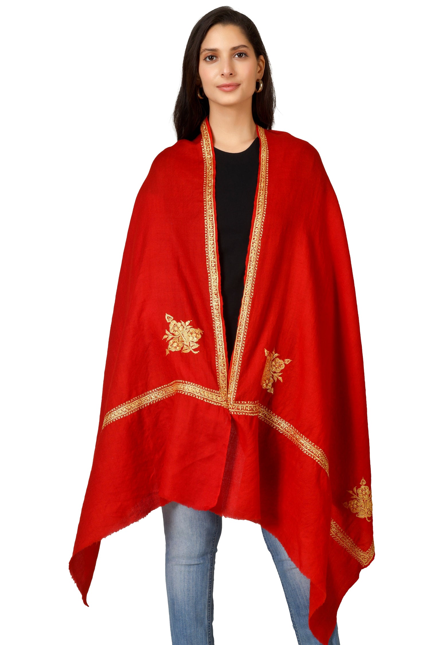 Gold Tilla Hand Embroidered Indian Purewool Stole, Kashmiri Handmade Red Scarf - BATIN